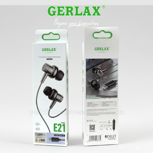 GERLAX E21 Type-C In-Ear Wired Earphones Compatible USB-C Earbuds - Black