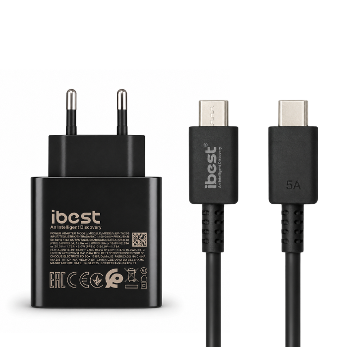 iBest 35W PD Dual Port USB-C & USB-A Fast Charging Adapter with USB-C to USB-C 5A Cable – Black