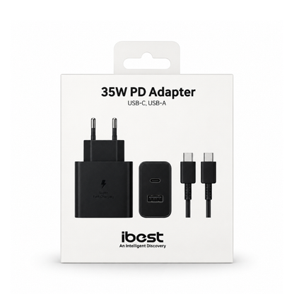iBest 35W PD Dual Port USB-C & USB-A Fast Charging Adapter with USB-C to USB-C 5A Cable – Black