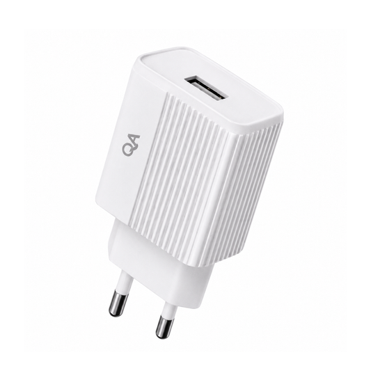 QA-03 USB wall charger with EU plug and USB-A output. Compact 1.4A charging adapter for compatible USB-powered devices - White