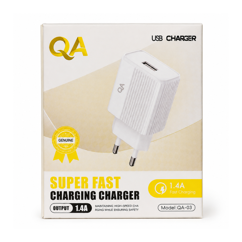 QA-03 USB wall charger with EU plug and USB-A output. Compact 1.4A charging adapter for compatible USB-powered devices - White