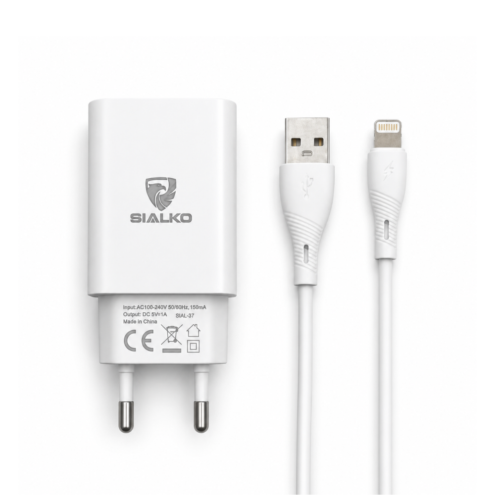 SIALKO 2.4A USB wall charger with Lightning cable. Compact EU plug charging kit for compatible Lightning devices - White