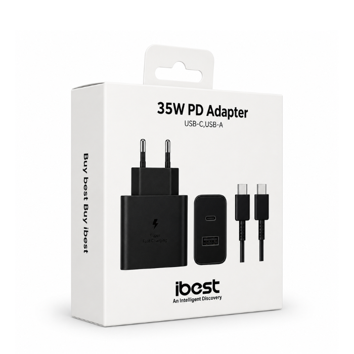 iBest 35W PD Dual Port USB-C & USB-A Fast Charging Adapter with USB-C to USB-C 5A Cable – Black