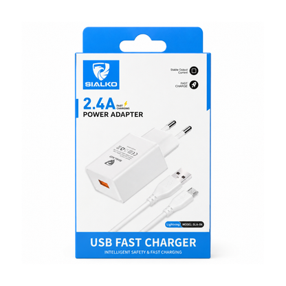 SIALKO 2.4A USB wall charger with Lightning cable. Compact EU plug charging kit for compatible Lightning devices - White