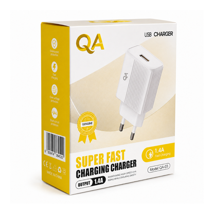 QA-03 USB wall charger with EU plug and USB-A output. Compact 1.4A charging adapter for compatible USB-powered devices - White
