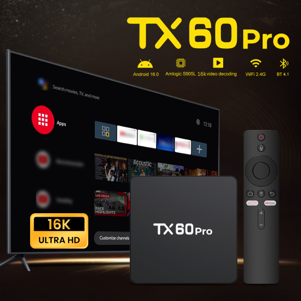 TX60 Pro Android 16.0 Smart TV Box 16GB+256GB 16K Ultra HD Compatible Media Player – Black