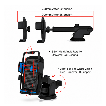 Universal Dashboard & Windscreen Car Phone Holder Adjustable Telescopic Mount - LBT L-2007D2 Black