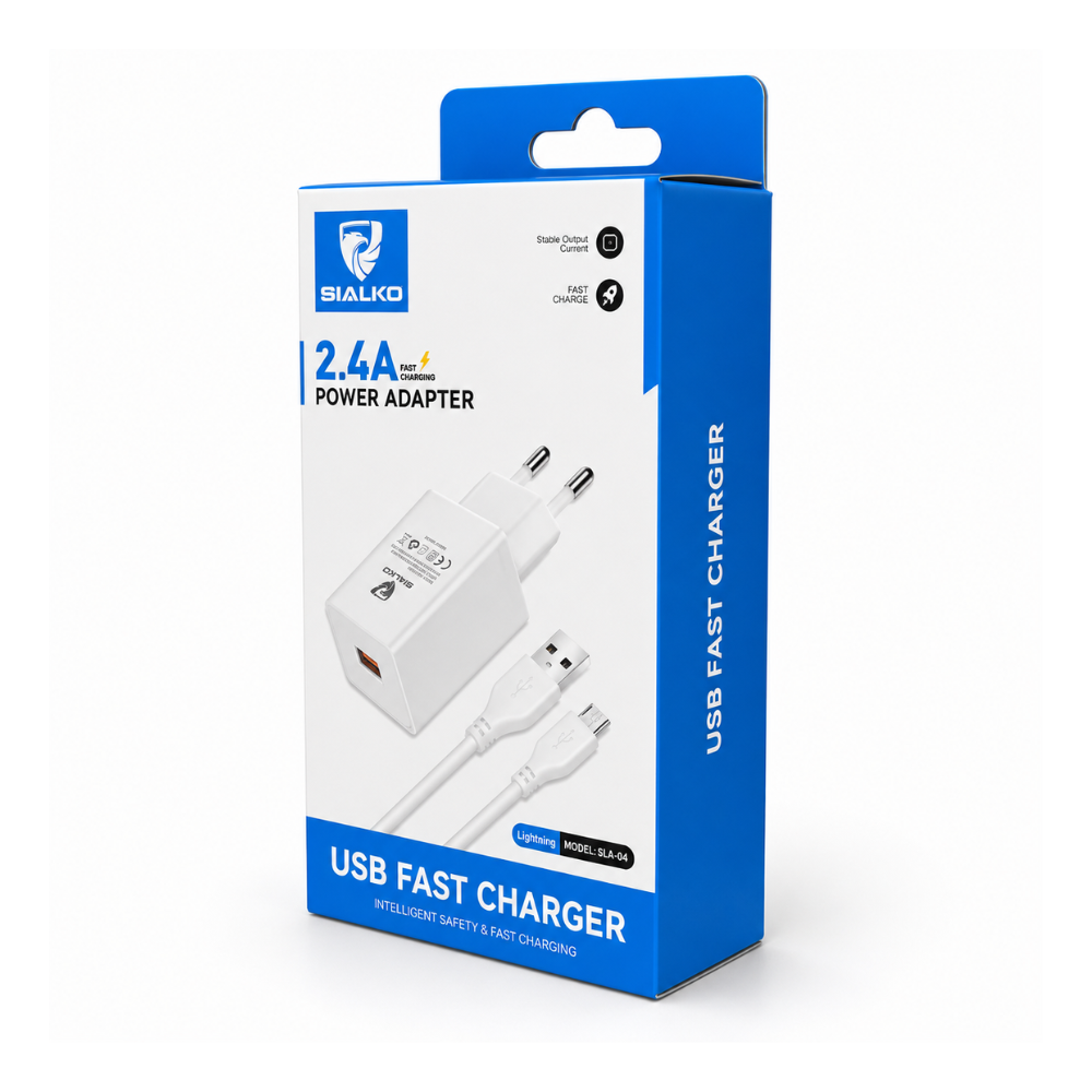 SIALKO 2.4A USB wall charger with Lightning cable. Compact EU plug charging kit for compatible Lightning devices - White