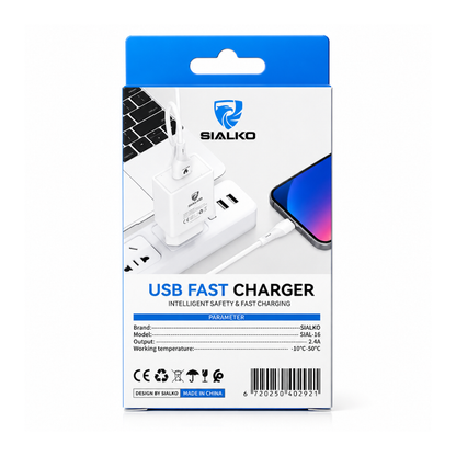 SIALKO 2.4A USB wall charger with Lightning cable. Compact EU plug charging kit for compatible Lightning devices - White