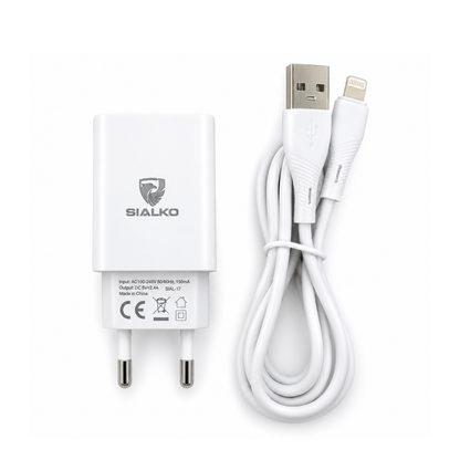 SIALKO 2.4A USB wall charger with Lightning cable. Compact EU plug charging kit for compatible Lightning devices - White