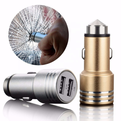 Dual USB Car Charger with Emergency Window Breaker Compatible for iPhone, Samsung & Android – Assorted Colours