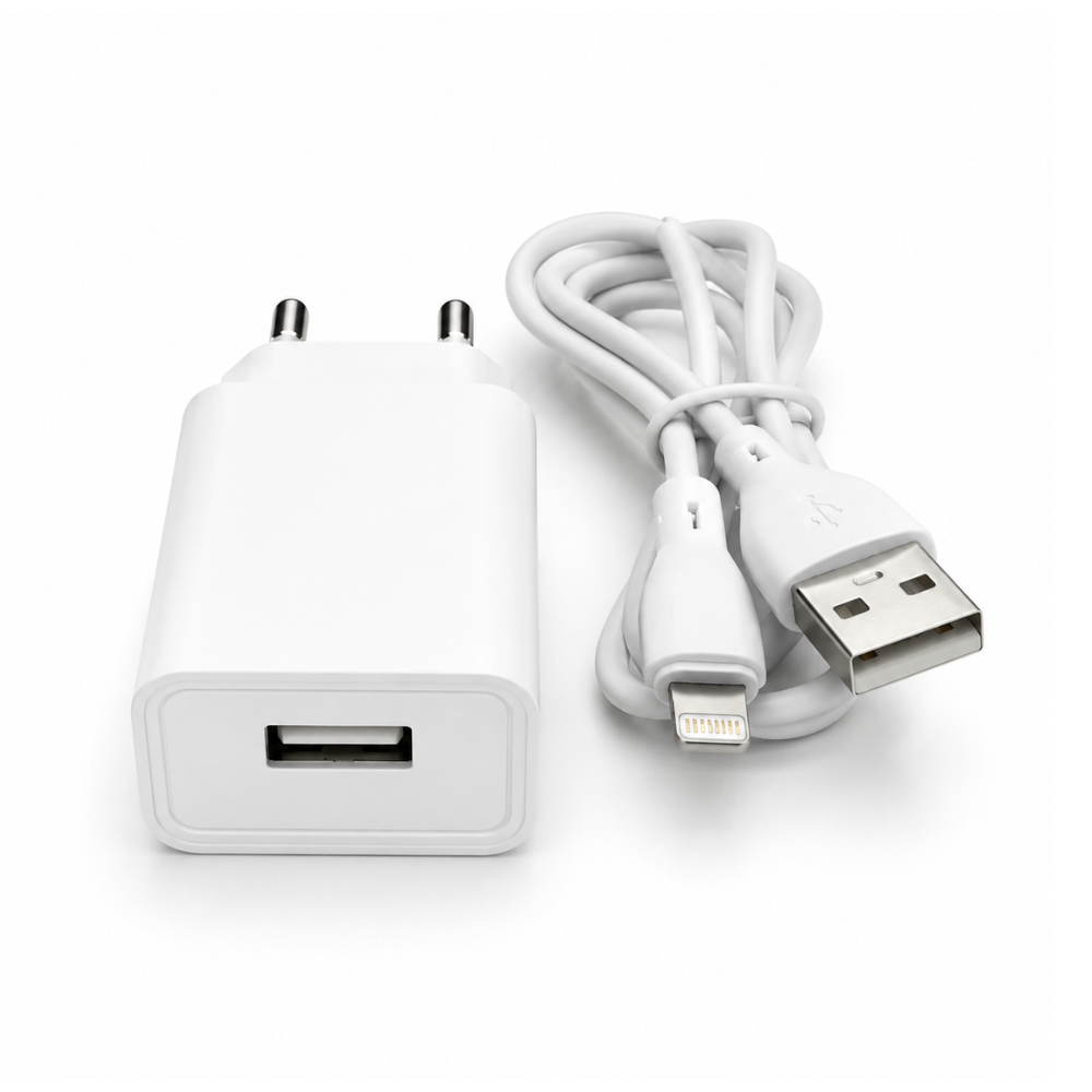 SIALKO 2.4A USB wall charger with Lightning cable. Compact EU plug charging kit for compatible Lightning devices - White