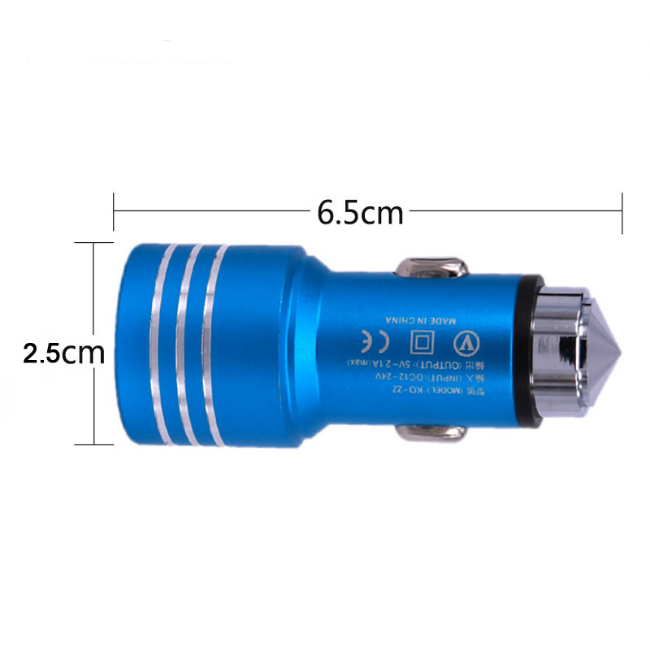 Dual USB Car Charger with Emergency Window Breaker Compatible for iPhone, Samsung & Android – Assorted Colours