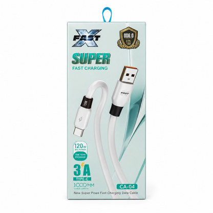 120W USB-A to USB-C fast charging cable. 1m length, 3A charging and data transfer - white