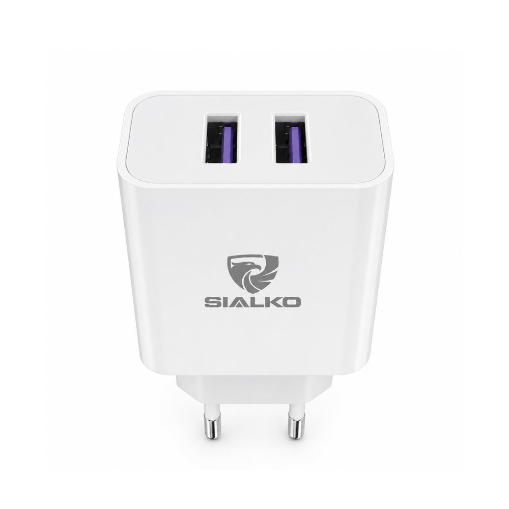 SIALKO 2.4A Dual USB Wall Charger with Lightning cable, compact design, and suitable for compatible Lightning devices - White