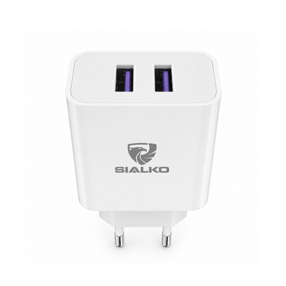 SIALKO 2.4A Dual USB Wall Charger with Lightning cable, compact design, and suitable for compatible Lightning devices - White