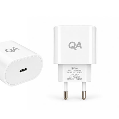 QA-07 USB-C PD wall charger with 2.4A output. Compact single-port charging adapter suitable for compatible USB-C devices - White