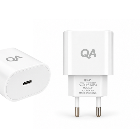 QA-07 USB-C PD wall charger with 2.4A output. Compact single-port charging adapter suitable for compatible USB-C devices - White