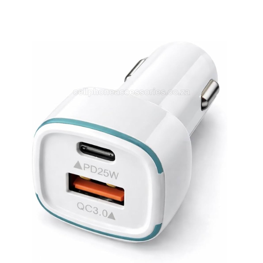 45W Dual Port Fast Car Charger USB-C PD 25W & QC3.0 Compatible with iPhone, Samsung, iPad & Android White