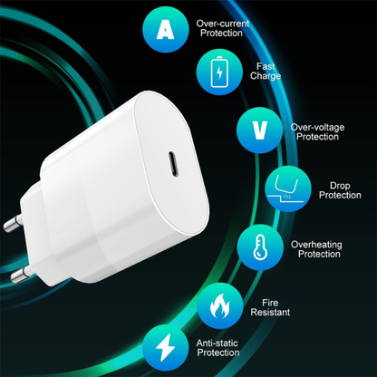 20W USB-C Fast Charging Wall Adapter with USB-C to Lightning Cable Compatible for iPhone & USB-C Devices – White EU Plug