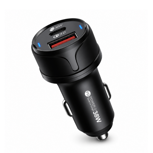 38W Dual Port Fast Car Charger USB-C PD & QC3.0 Compatible with iPhone, Samsung & Android Black