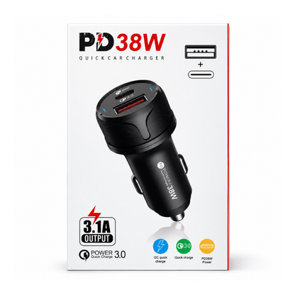 38W Dual Port Fast Car Charger USB-C PD & QC3.0 Compatible with iPhone, Samsung & Android Black