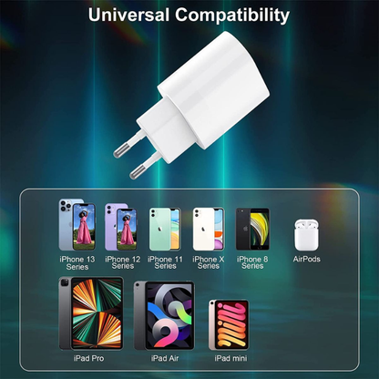 20W USB-C Fast Charging Wall Adapter with USB-C to Lightning Cable Compatible for iPhone & USB-C Devices – White EU Plug