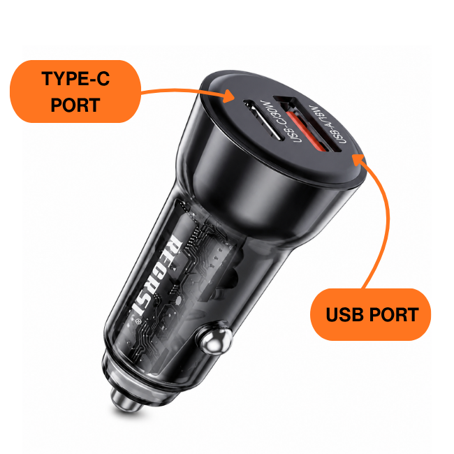 RECRSI 48W Dual Port Fast Car Charger USB-C PD30W & USB QC18W Black