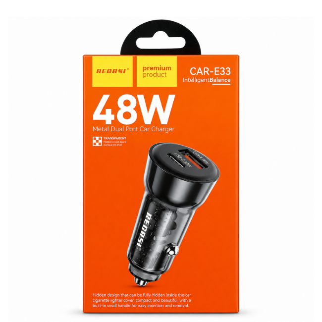 RECRSI 48W Dual Port Fast Car Charger USB-C PD30W & USB QC18W Black