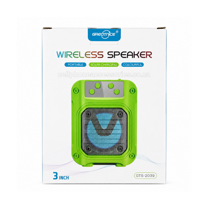 GREATNICE GTS-2039 Wireless Speaker with Solar Charging, 3 Inch Portable Rechargeable Speaker, USB & TF Card Playback, FM Radio, Colourful LED Light, Audio Speaker - Black