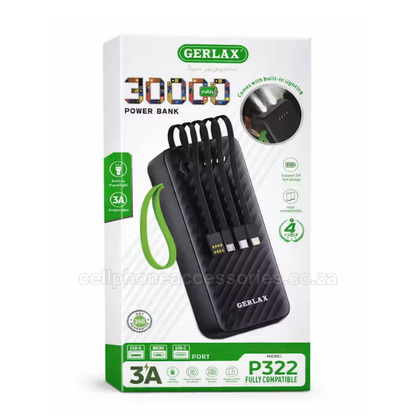 GERLAX P322 30000mAh Power Bank with Built-In Multi Charging Cables, 3A Fast Charging, LED Battery Indicator, Portable Backup Battery Pack Black