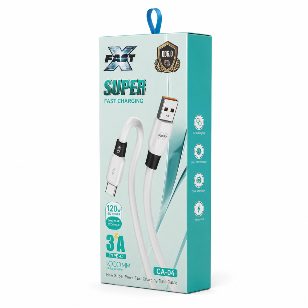 120W USB-A to USB-C fast charging cable. 1m length, 3A charging and data transfer - white