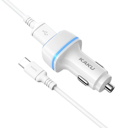 KAKU Dual USB Car Charger with Type-C Cable Compatible for Android Devices – White