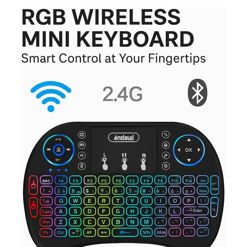 Andowl Q-K07 RGB Wireless Mini Keyboard with Touchpad, 2.4G & Bluetooth, Black