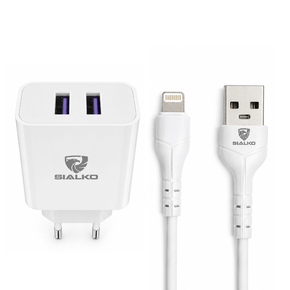 SIALKO 2.4A Dual USB Wall Charger with Lightning cable, compact design, and suitable for compatible Lightning devices - White