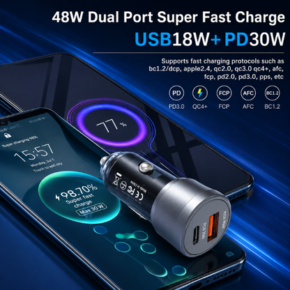 RECRSI 48W Dual Port Fast Car Charger USB-C PD30W & USB QC18W Black