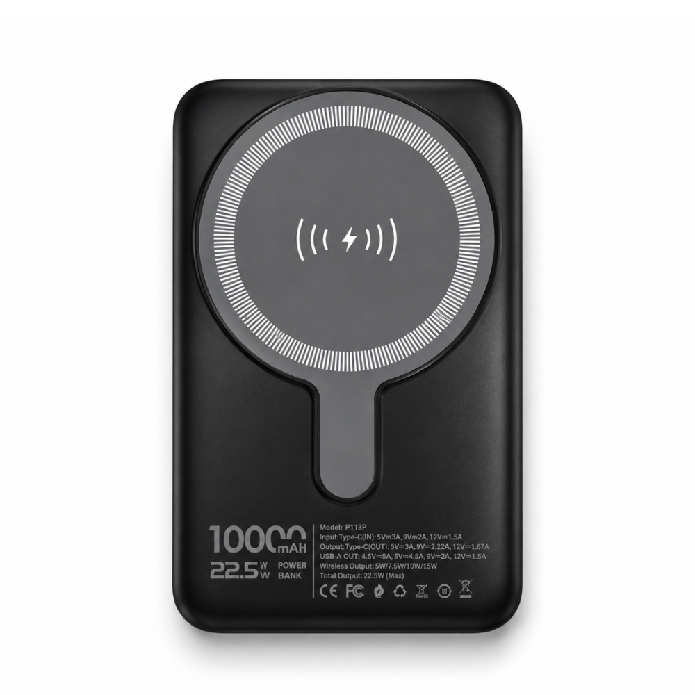GERLAX P113P 10000mAh magnetic wireless power bank with 22.5W output, 15W wireless charging, digital display and built-in stand - Black