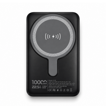 GERLAX P113P 10000mAh magnetic wireless power bank with 22.5W output, 15W wireless charging, digital display and built-in stand - Black