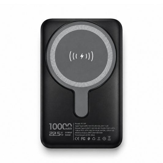 GERLAX P113P 10000mAh magnetic wireless power bank with 22.5W output, 15W wireless charging, digital display and built-in stand - Black