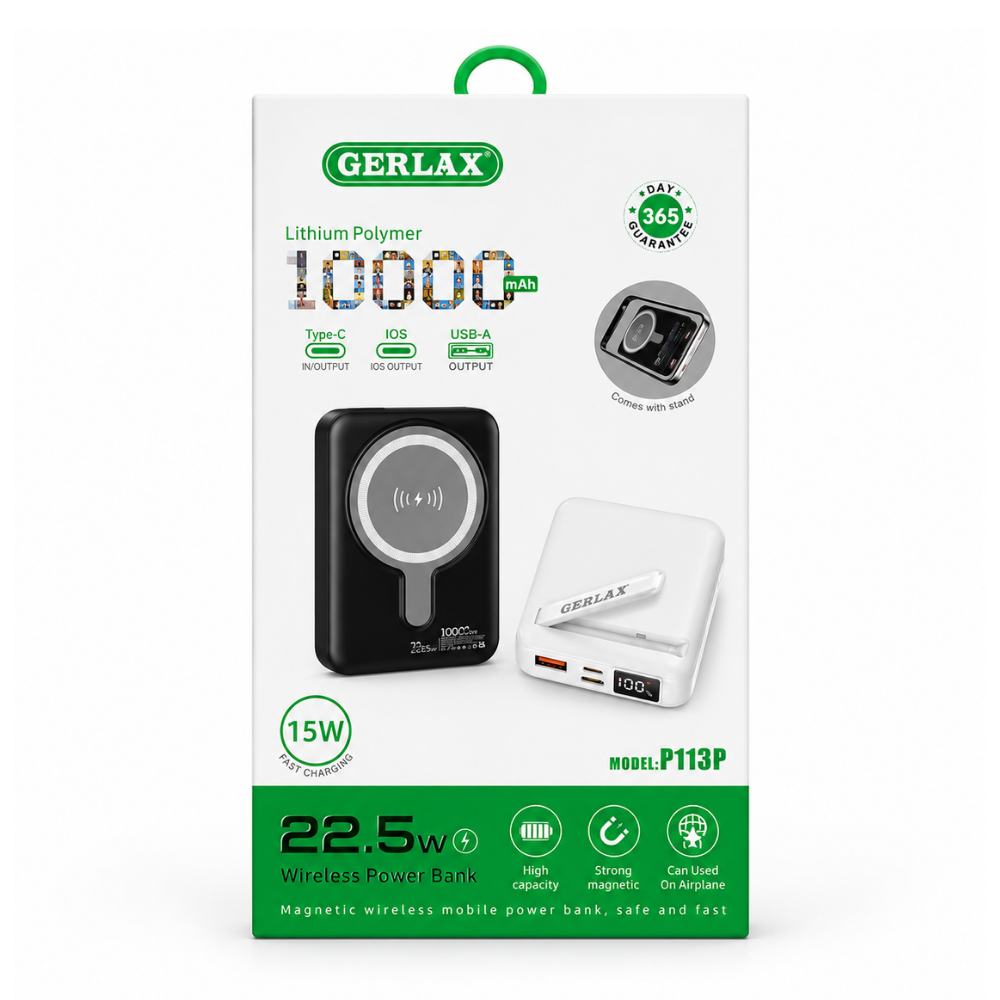GERLAX P113P 10000mAh magnetic wireless power bank with 22.5W output, 15W wireless charging, digital display and built-in stand - Black