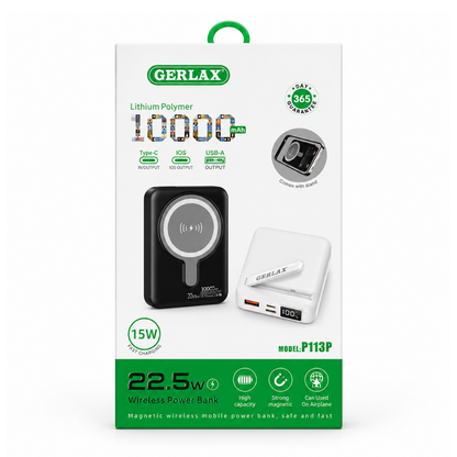 GERLAX P113P 10000mAh magnetic wireless power bank with 22.5W output, 15W wireless charging, digital display and built-in stand - Black