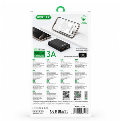 GERLAX P113P 10000mAh magnetic wireless power bank with 22.5W output, 15W wireless charging, digital display and built-in stand - Black