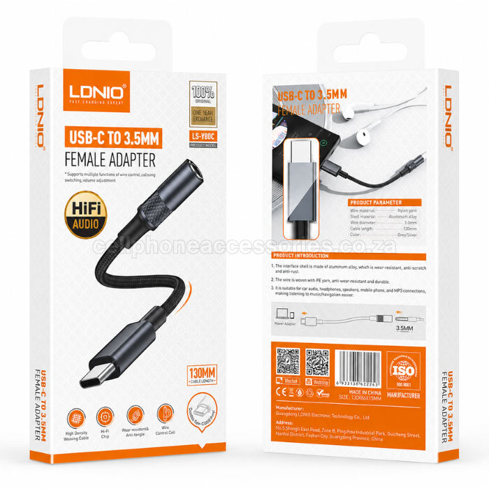LDNIO LS-Y80C USB Type-C to 3.5mm Female Audio Adapter Cable Compatible with USB-C Smartphones, Tablets & Laptops - Grey