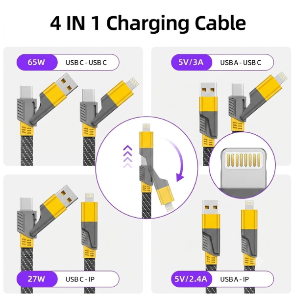4-in-1 Fast Charging Cable Compatible for USB-A & USB-C to Type-C & Lightning Connector 65W Nylon Braided Black