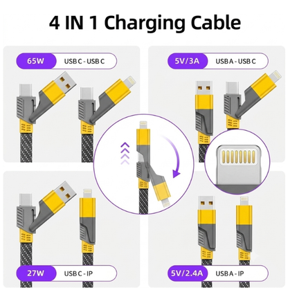 4-in-1 Fast Charging Cable Compatible for USB-A & USB-C to Type-C & Lightning Connector 65W Nylon Braided Black