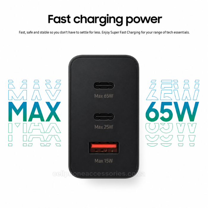 65W Super Fast PD Power Adapter Trio Charger with Dual USB-C & USB-A Ports