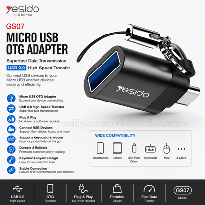 Yesido GS07 Micro USB OTG Adapter USB 2.0 Female Converter Compatible for Micro USB Smartphones & Tablets - Black