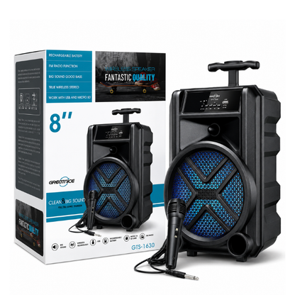 Greatnice GTS-1630 Portable Wireless Speaker with Wired Microphone, 8 Inch Trolley Speaker, FM Radio, USB & Micro SD Support, Rechargeable Battery, Black