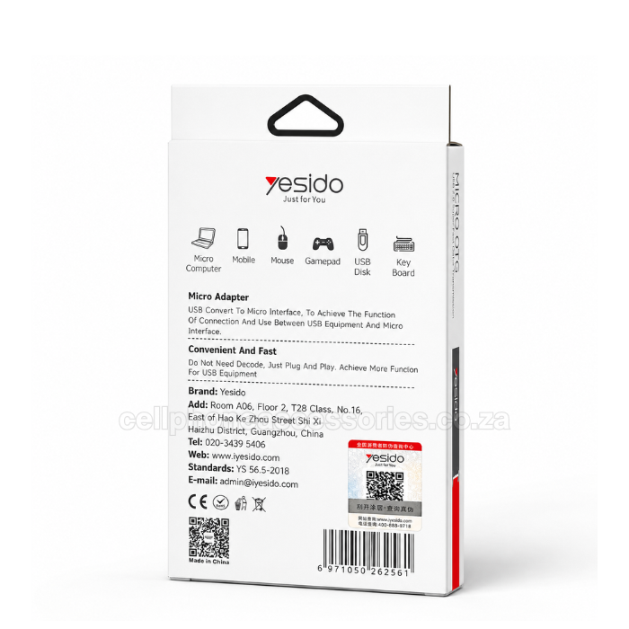 Yesido GS07 Micro USB OTG Adapter USB 2.0 Female Converter Compatible for Micro USB Smartphones & Tablets - Black