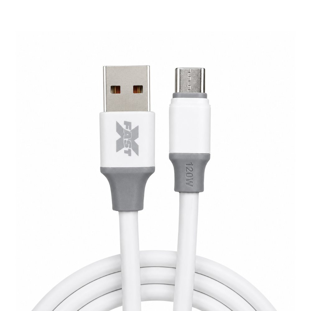 120W USB-A to USB-C fast charging cable. 1m length, 3A charging and data transfer - white